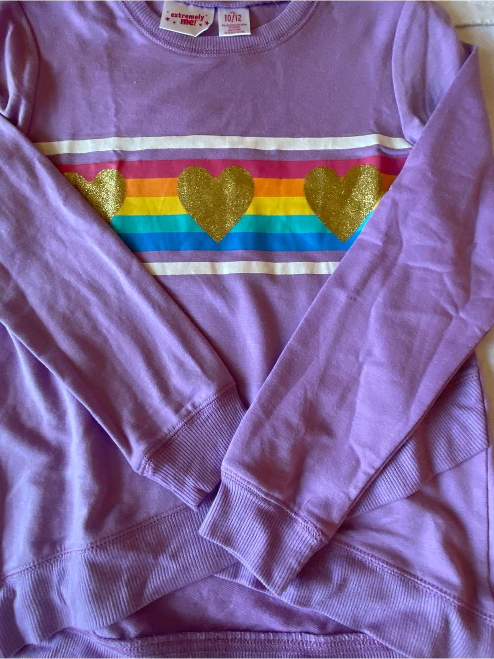 extremely me! Girls' Lavender Long Sleeve Tee with Rainbow Stripe & Gold Hearts